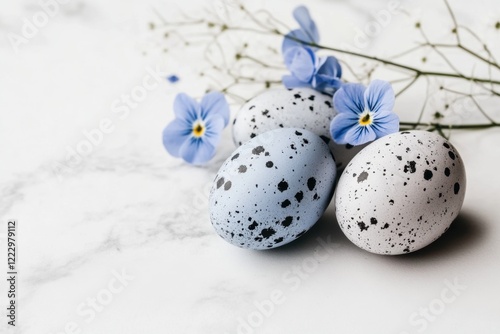 Speckled easter eggs with blue flowers on marble background photo