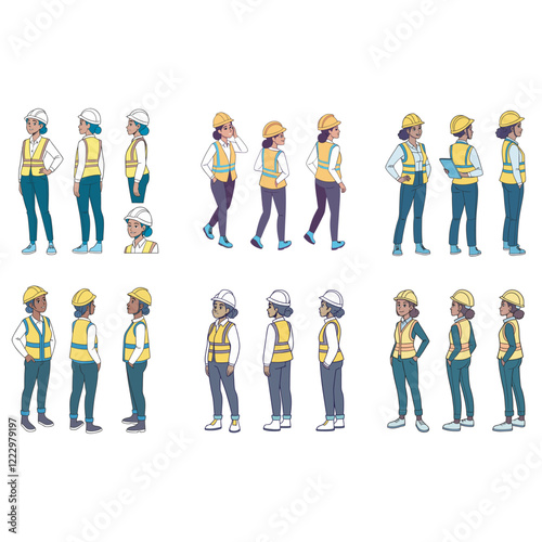 Woman construction engineer in helmet, vest, uniform. Front, side and back view set. Body parts, postures, poses collection. Vector illustration