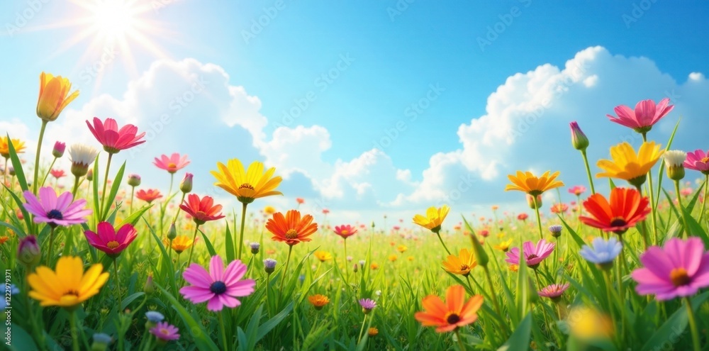 colorful wildflowers in a meadow under sunny sky, garden, flowers, blooms colorful wildflowers in a meadow under sunny sky, garden, flowers, blooms