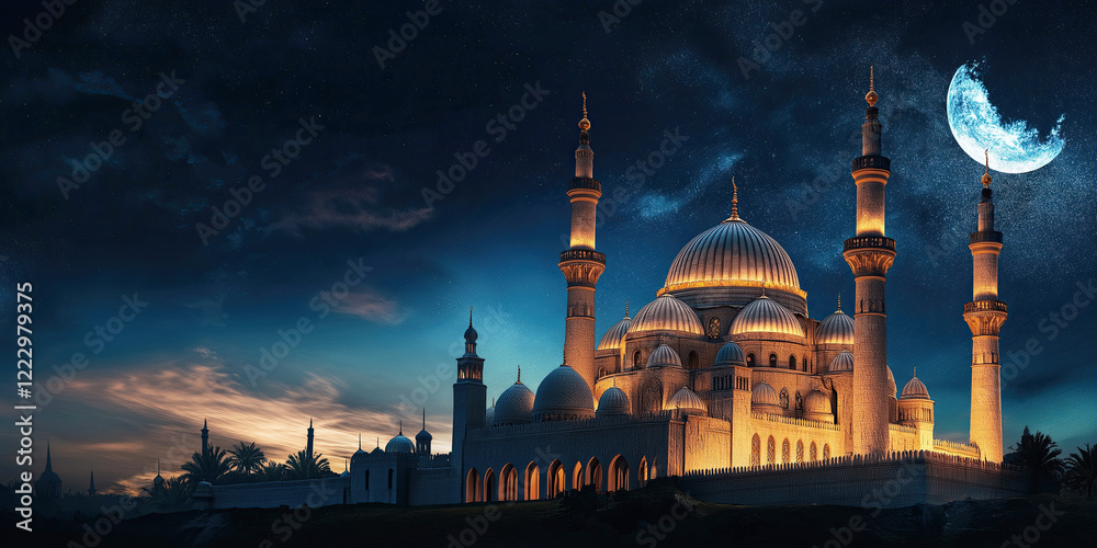 Obraz premium Mosque against the night sky on the right, with space for copying text. Advertising banner for the holy holiday of Ramadan