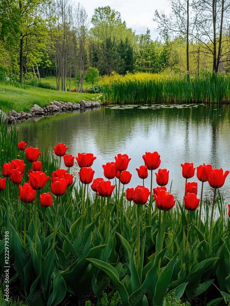 Obraz premium Red Tulips by Pond