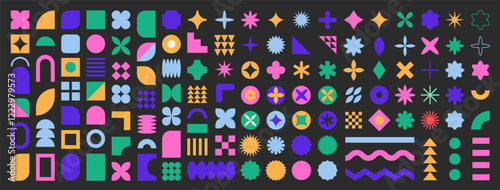 Set of abstract graphic element. Geometric shapes. Memphis design, sticker pack, y2k,  aesthetics, brutalism, retro elements, vintage. Vector illustration with wavy and zig zag elements.