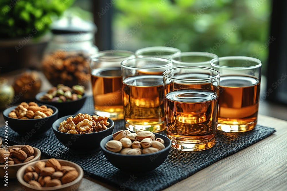 A selection of nuts accompanies glasses of amber liquid creating a cozy and inviting scene A selection of nuts accompanies glasses of amber liquid creating a cozy and inviting scene