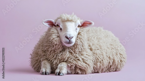 44. A fluffy sheep resting centrally on a pastel lavender background photo