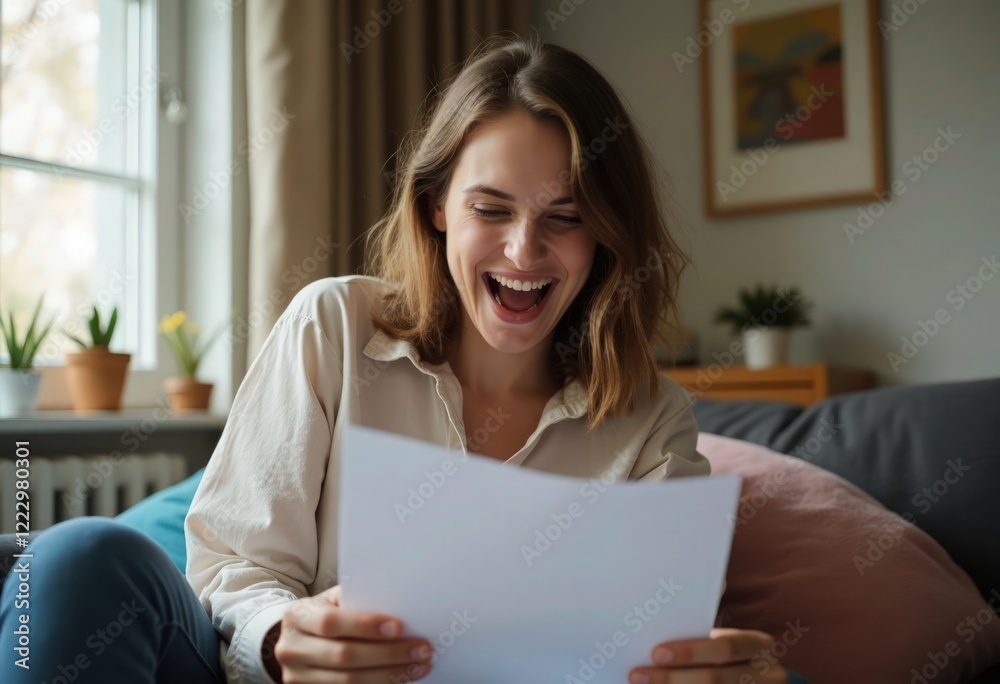 Young woman excitedly reading university acceptance letter Young woman excitedly reading university acceptance letter