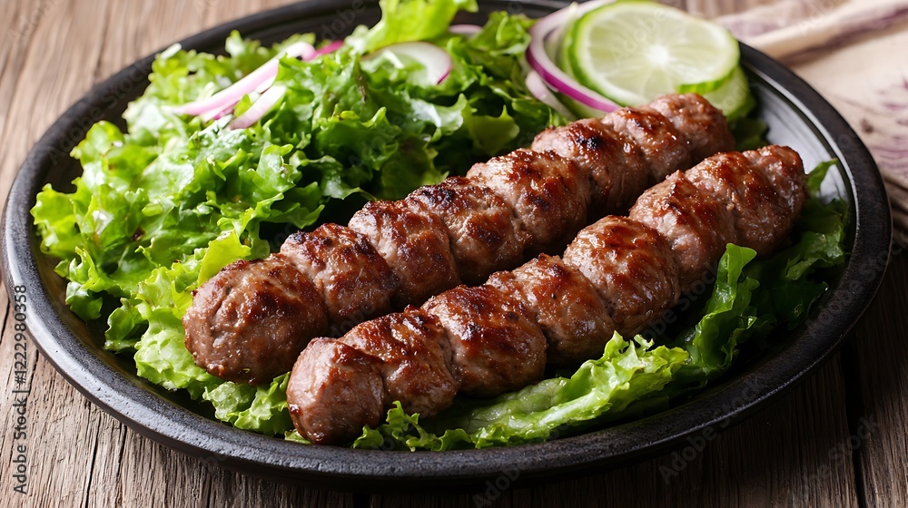 mutton seekh kabab served with green salad selective focus on wooden background mutton seekh kabab served with green salad selective focus on wooden background