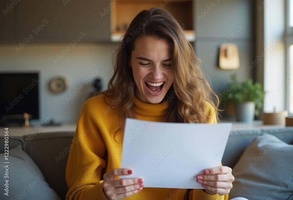 Young woman excitedly reading university acceptance letter Young woman excitedly reading university acceptance letter