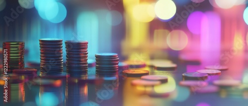 Coins stacked on a reflective surface with vibrant bokeh lights in the background, representing investment, finance, and wealth management in a modern economy. photo