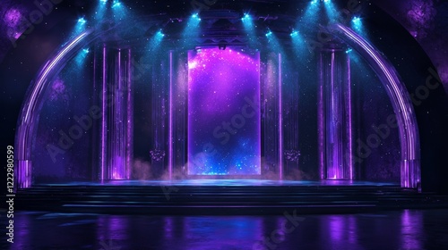 The stage is set in vibrant hues, illuminated by enchanting purple lights, complemented by a stunning cosmic backdrop. This captivating combination creates a mesmerizing atmosphere, elevating the perf