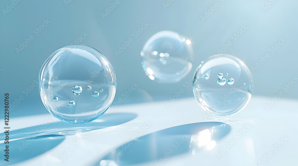 Floating translucent spheres, light blue background, clean aesthetic, ideal for product visuals Floating translucent spheres, light blue background, clean aesthetic, ideal for product visuals