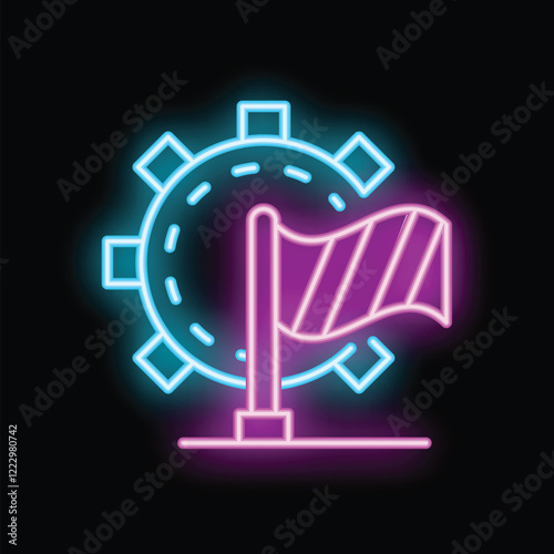 Neon style icon of a virus with warning flag, representing pandemic restrictions and the importance of safety measures