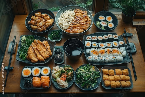 A delicious spread of Japanese cuisine featuring sushi tempura noodles and various side dishes photo