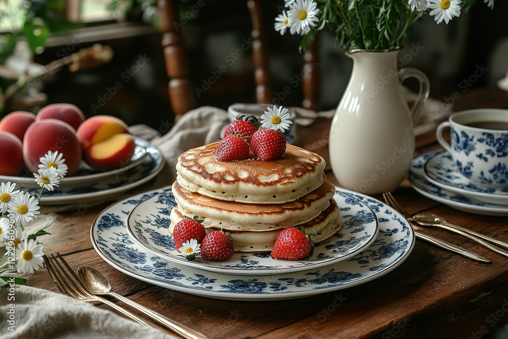 A stack of fluffy pancakes topped with fresh strawberries and a dusting of powdered sugar served on delicate china A stack of fluffy pancakes topped with fresh strawberries and a dusting of powdered sugar served on delicate china