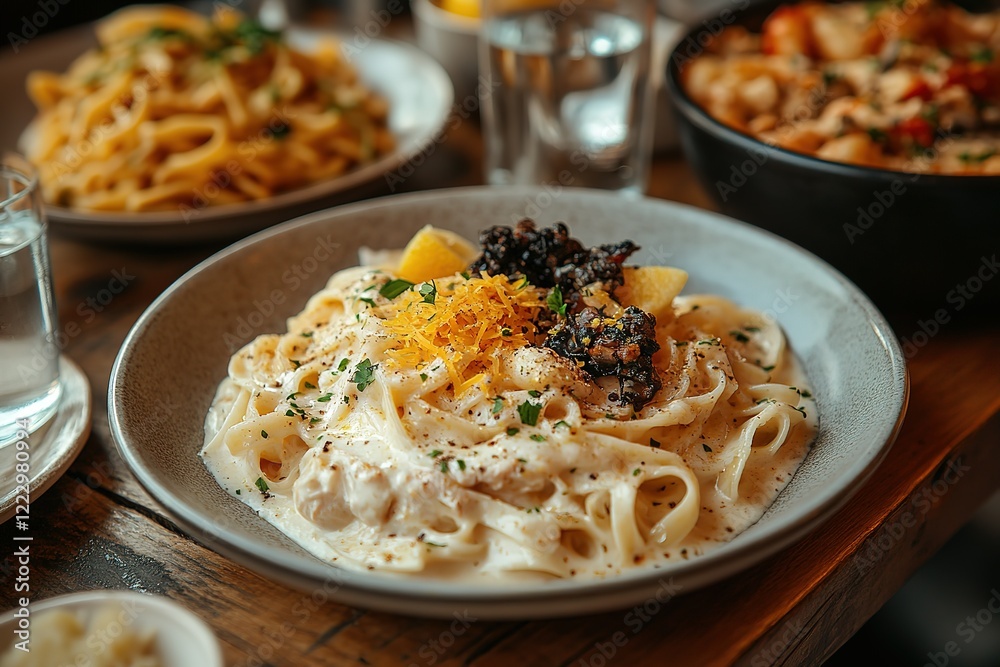 Creamy pasta dish topped with lemon zest and a mysterious dark topping Served on a rustic wooden table Creamy pasta dish topped with lemon zest and a mysterious dark topping Served on a rustic wooden table