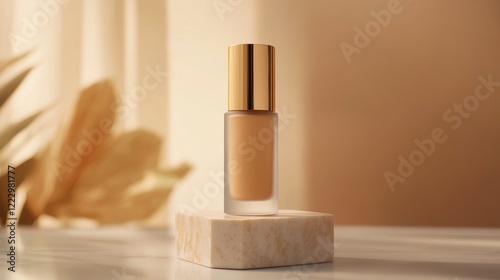 Elegant foundation bottle on marble with golden cap in sunlit setting