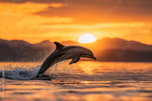 Dolphin jumping at sunset tranquil ocean waters photo