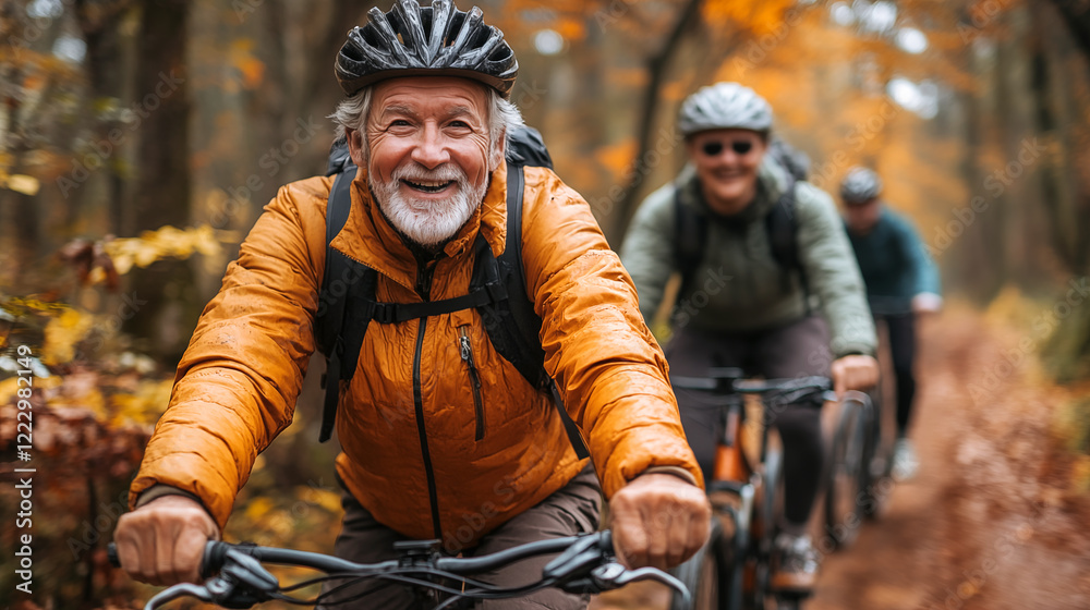 Senior couple riding bikes in autumn forest. They are looking at camera and smiling Senior couple riding bikes in autumn forest. They are looking at camera and smiling