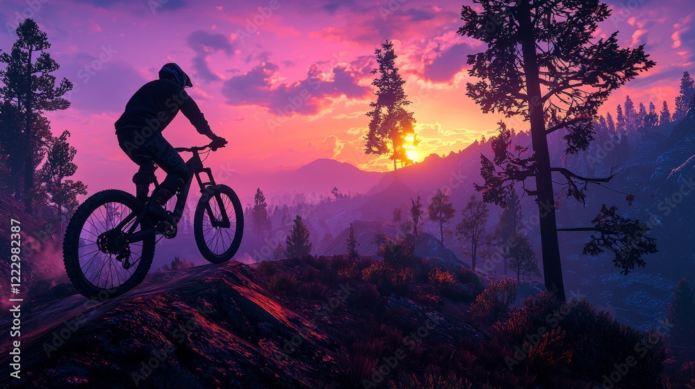 Obraz premium Mountain Biker Silhouetted Against Vibrant Sunset Landscape