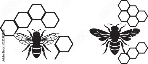 Vector bee and honey comb in black and white icon silhouette . isolated on background.
