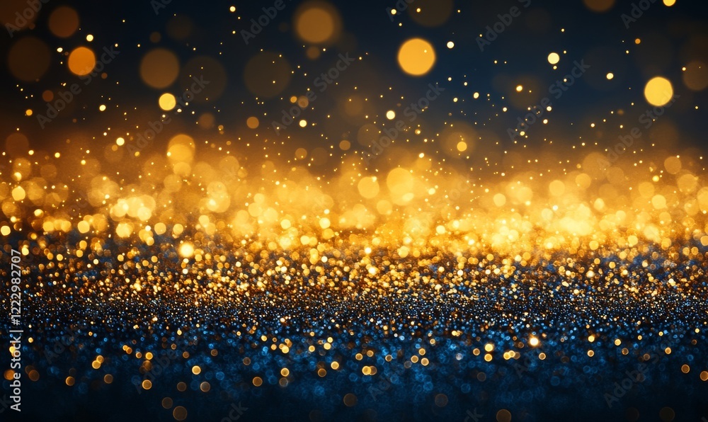 A shimmering golden glitter background with soft bokeh lights and sparkling particles on a dark background.