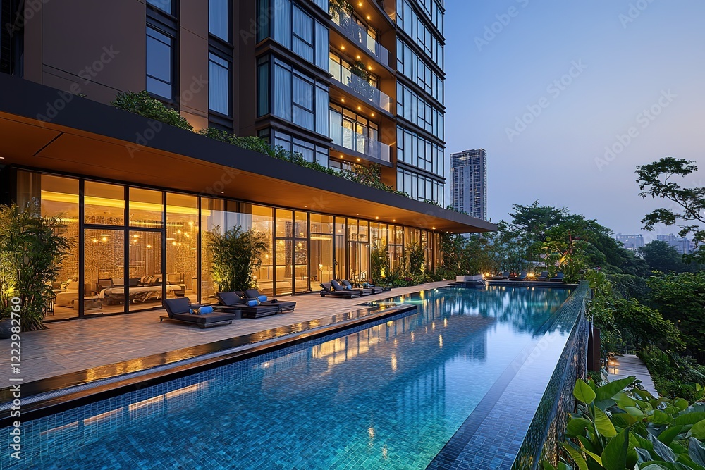 Infinity pool at a luxury high-rise building overlooking a cityscape and lush greenery at dusk Infinity pool at a luxury high-rise building overlooking a cityscape and lush greenery at dusk