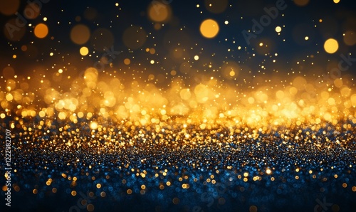 Obraz na płótnie A shimmering golden glitter background with soft bokeh lights and sparkling particles on a dark background. w salonie