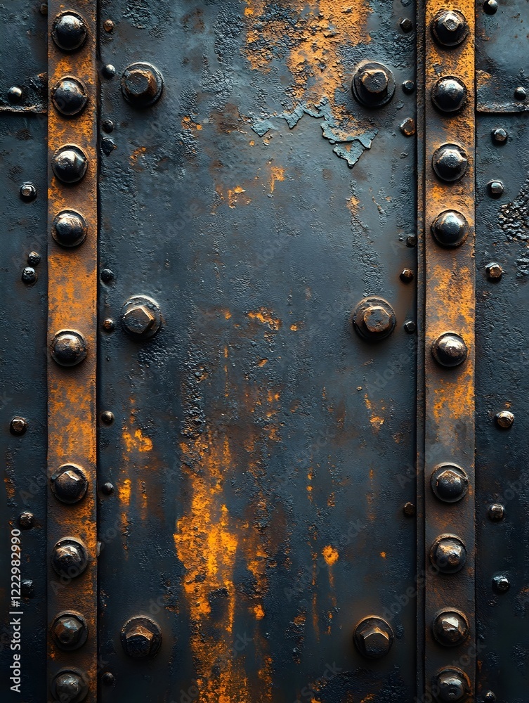 Fototapeta premium A background of riveted metal plates in a weathered industrial setting.