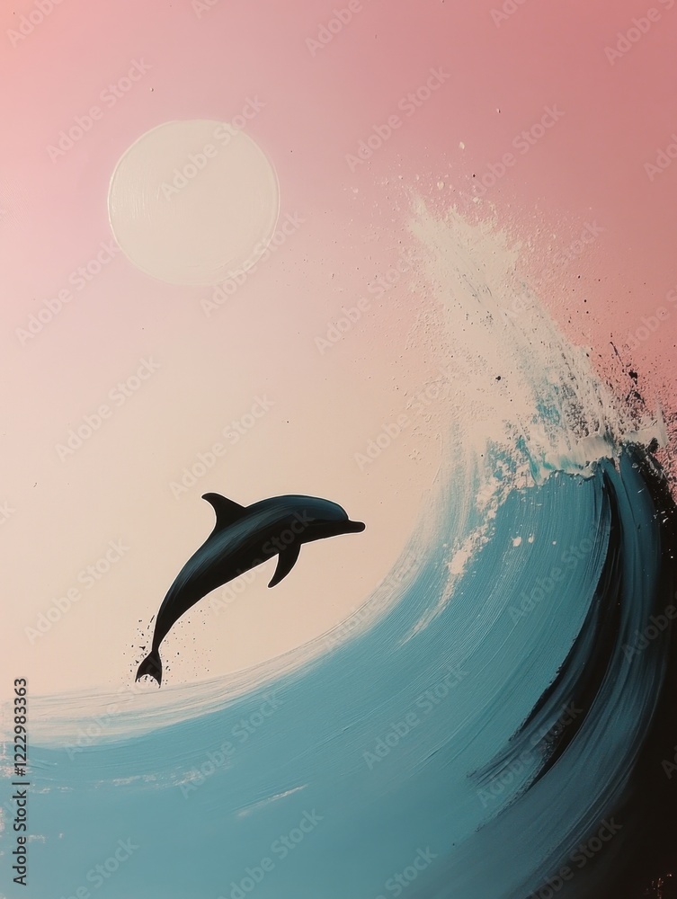 Fototapeta premium Dolphin leaping ocean wave at sunset
