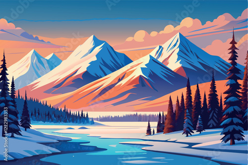 Winter landscape illustration capturing high mountains blanketed in snow with an evergreen forest