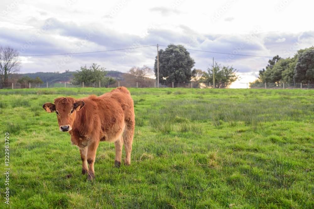 Pequeño ternero marrón en pradera de pastos en Asturias Pequeño ternero marrón en pradera de pastos en Asturias