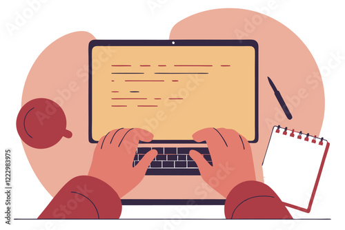 Software developer writing code on the laptop view from the top. Programming concept vector flat illustration