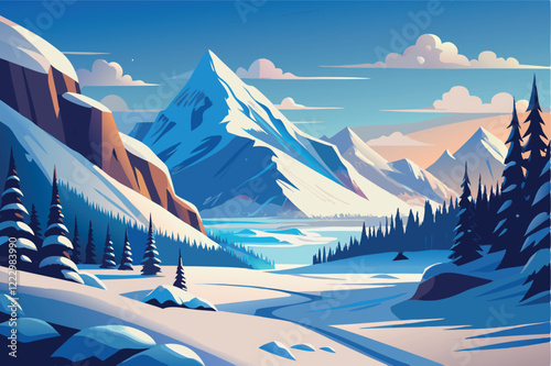 Illustration of a winter landscape with high mountains and an evergreen coniferous forest