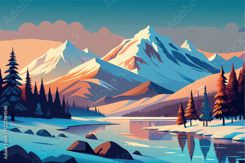 Winter landscape illustration capturing high mountains blanketed in snow with an evergreen forest