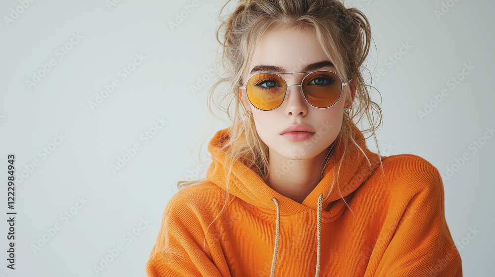 Woman wearing sunglasses and sweater standing outdoors in a sunny environment with a relaxed expression and casual style Woman wearing sunglasses and sweater standing outdoors in a sunny environment with a relaxed expression and casual style