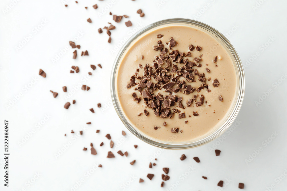 Top view of coffee and peanut butter mousse with chocolate sprinkles on a white background Top view of coffee and peanut butter mousse with chocolate sprinkles on a white background