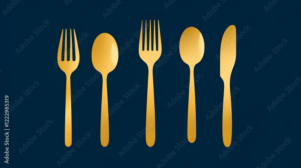 Golden cutlery set on dark background; restaurant menu design Golden cutlery set on dark background; restaurant menu design