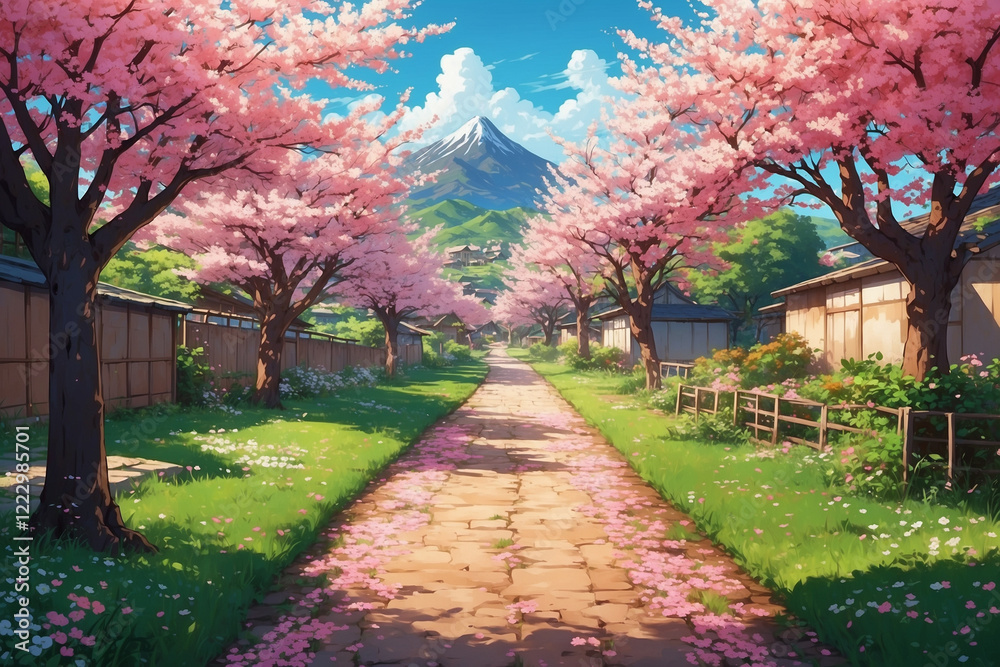 Naklejka premium Cherry-lined village path, blooming pink and white flowers, flying petals, bright grass, refreshing anime look