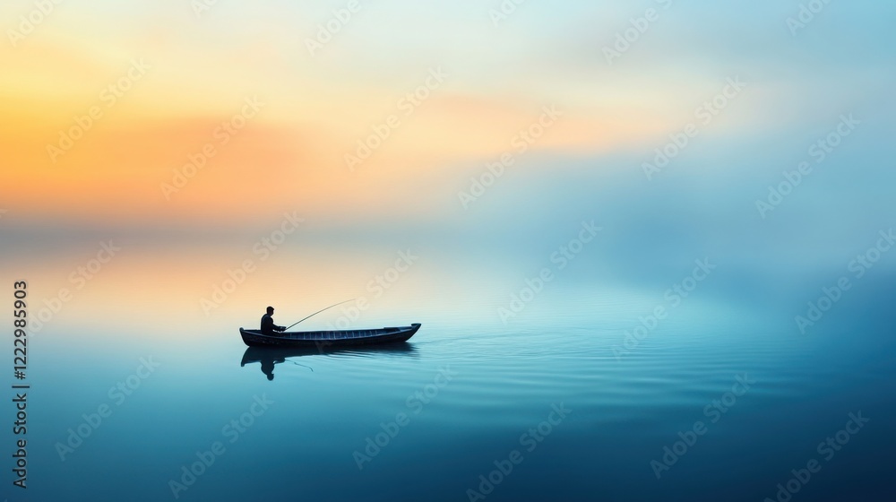 Naklejka premium a small fishing boat on a calm river at dawn, with mist rising from the water 