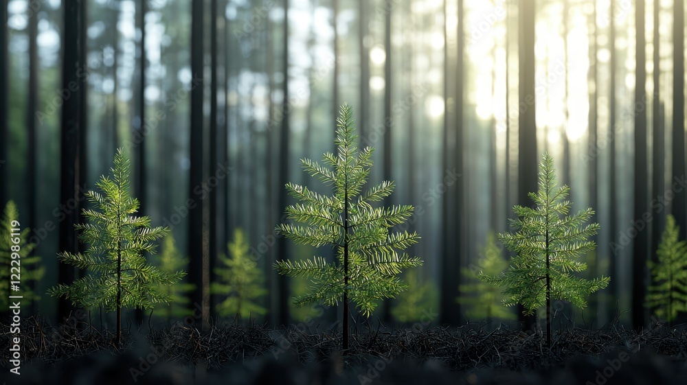 Fototapeta premium A serene forest scene featuring young, vibrant trees surrounded by tall, dark trunks, illuminated by soft sunlight filtering through the canopy.
