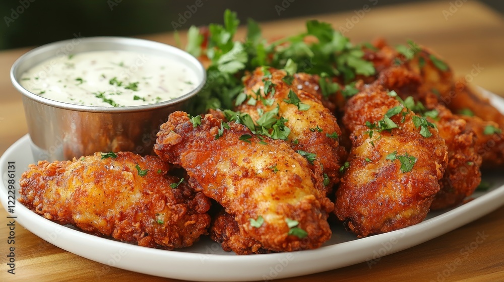 A plate of crispy fried chicken wings garnished with herbs and served with a creamy dip. A plate of crispy fried chicken wings garnished with herbs and served with a creamy dip.