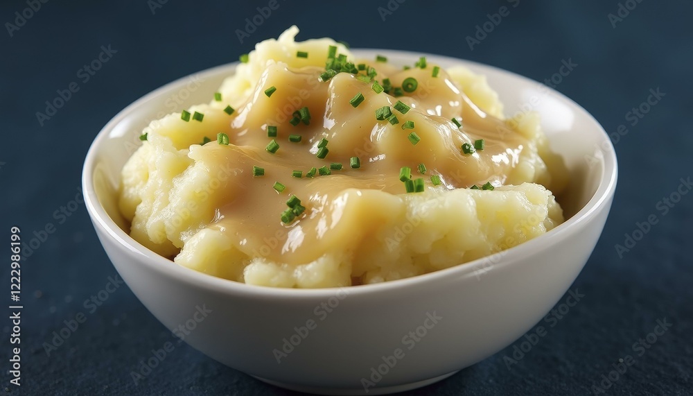 Creamy Mashed Potatoes Topped with Brown Gravy and Chopped Chives in White Ceramic Bowl Creamy Mashed Potatoes Topped with Brown Gravy and Chopped Chives in White Ceramic Bowl