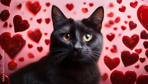 serene black cat amidst valentine s hearts photo