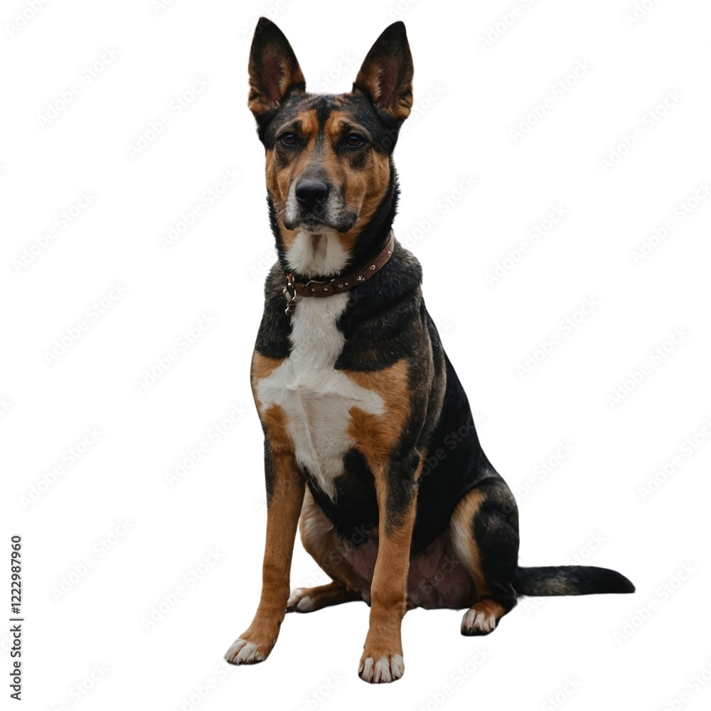 Curious mixed breed dog standing and looking away on white background. panting Greater Swiss Mountain Dog standing, Isolated. Alert black and tan mixed-breed dog with upright ears on white background. Curious mixed breed dog standing and looking away on white background. panting Greater Swiss Mountain Dog standing, Isolated. Alert black and tan mixed-breed dog with upright ears on white background.