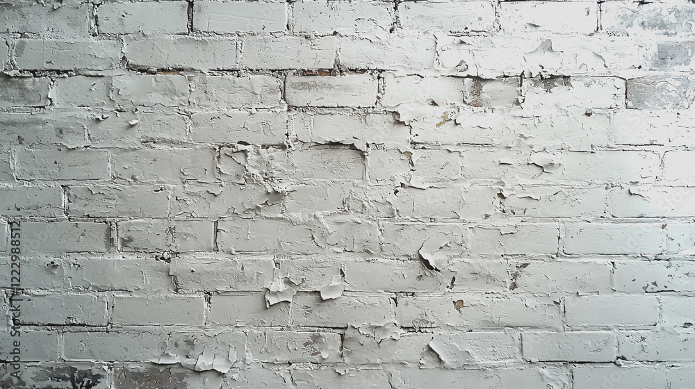 Fototapeta premium White brick wall with peeling paint showing texture and weathering effects in an urban environment for artistic backgrounds and design projects