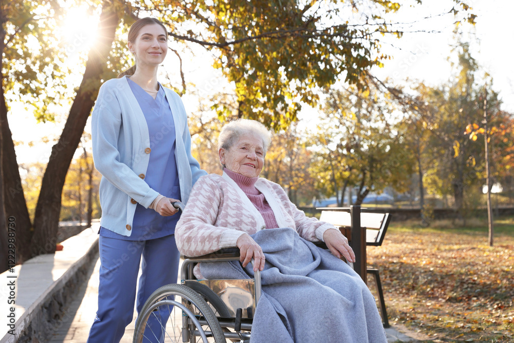 Caregiver with elderly woman in wheelchair at park. Space for text Caregiver with elderly woman in wheelchair at park. Space for text