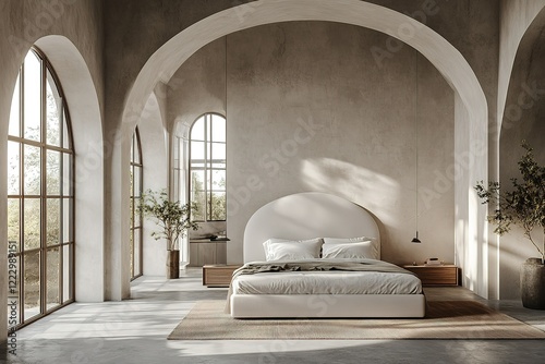 Serene bedroom with arched windows and a minimalist bed bathed in natural light