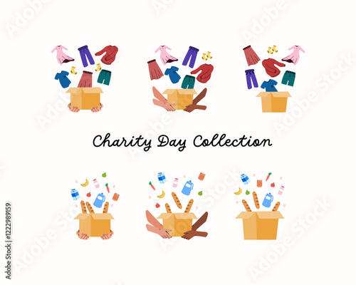 Set of charity gesture like giving and accept clothes aid box, giving and accept food aid box on white background
