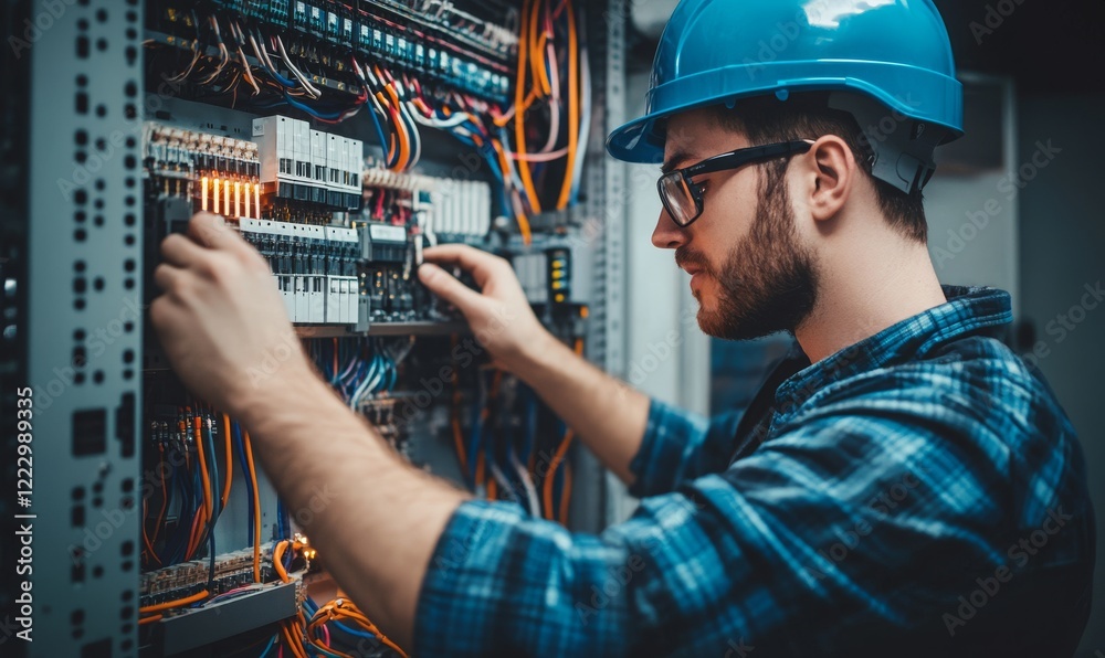 A professional electrician wearing a hard hat and safety gear works on an industrial electrical panel, ensuring proper wiring and connections.