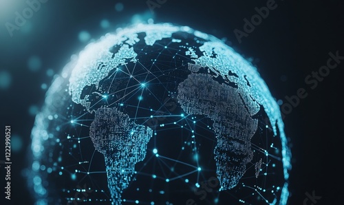 A dynamic digital globe with radiant connections lighting up major hubs, representing the interconnectedness of global technology systems.