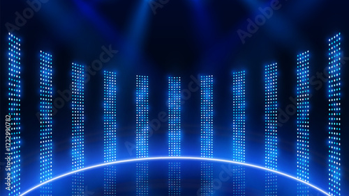 Podium with different color light  background. Stage lights rays scene background. Abstract spot light rays background. Spotlights of bright light with isolated place for stage and presentations.